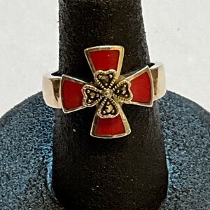Sterling Silver, Marcasite, and Red Cross Ring